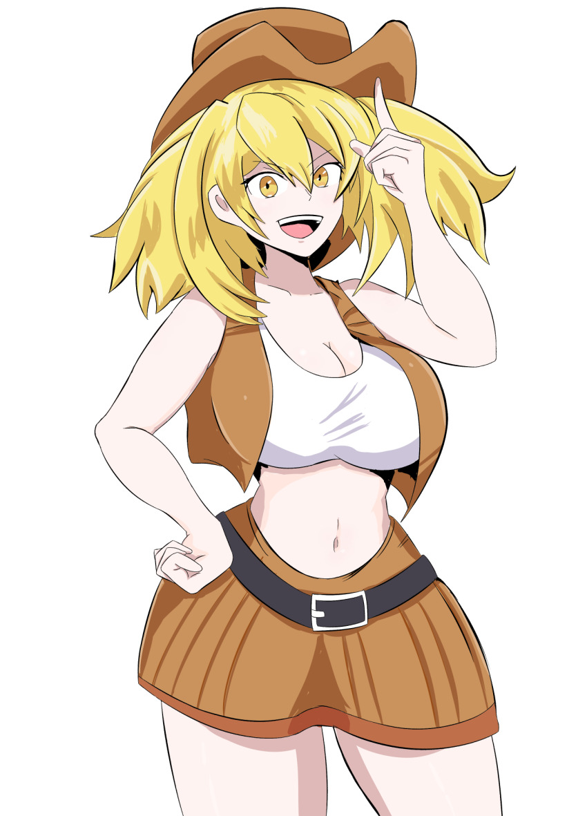 1girl, :d, belt, blonde_hair, breasts, brown_hat, brown_skirt, buckle, cleavage, commentary, cowboy_hat, drawfag, genderswap, genderswap_(mtf), hair_between_eyes, hand_on_own_hip, hand_up, hat, highres, index_finger_raised, large_breasts, midriff, navel, oikatzo_(shangri-la_frontier), open_mouth, pointing, pointing_up, shangri-la_frontier, shirt, simple_background, skirt, smile, solo, standing, uomi_kei, white_background, white_shirt, yellow_eyes