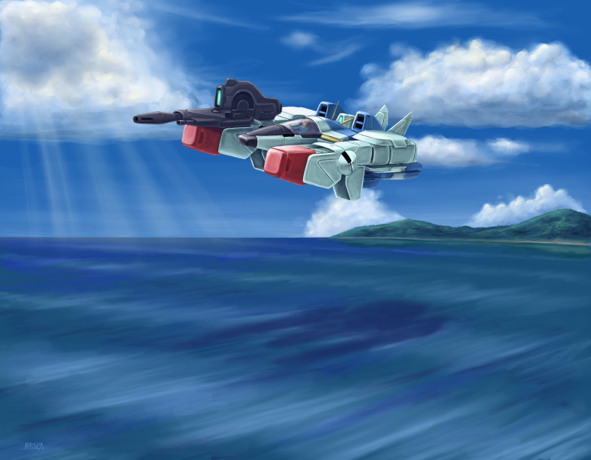1boy, beach, beam_rifle, canopy_(aircraft), cloud, cockpit, commentary_request, core_fighter, energy_gun, flying, gundam, highres, island, light_rays, looking_at_viewer, motion_blur, motion_lines, mountain, ocean, science_fiction, spacecraft, starfighter, sunbeam, sunlight, user_nmce3377, uso_ewin, victory_gundam, water, weapon