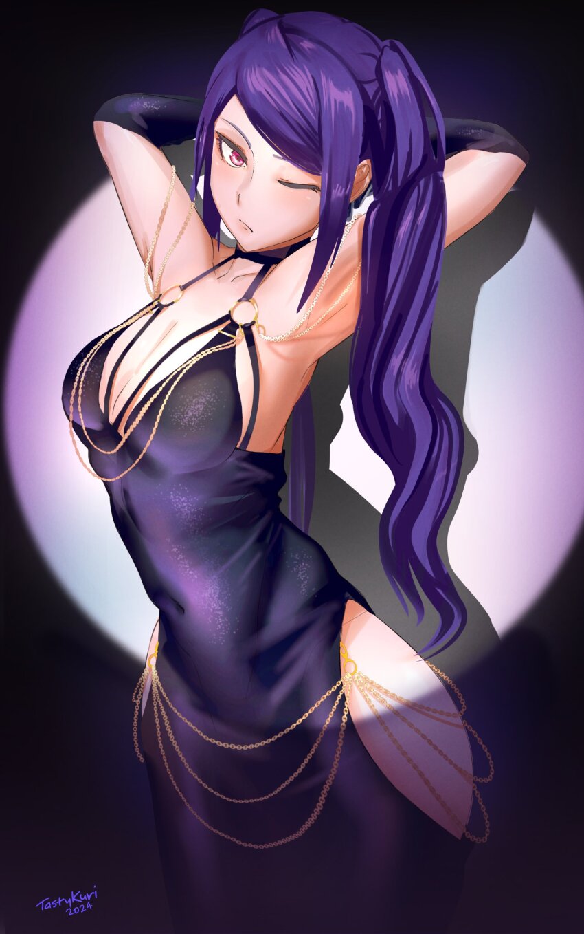 1girl, absurdres, alternate_costume, armpits, arms_behind_head, arms_up, artist_name, bare_shoulders