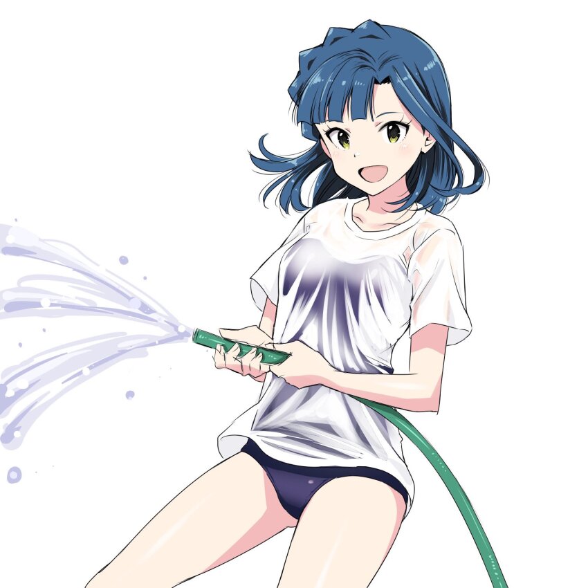 1girl, black_one-piece_swimsuit, blunt_bangs, blush, braid, collarbone, cowboy_shot, dot_nose