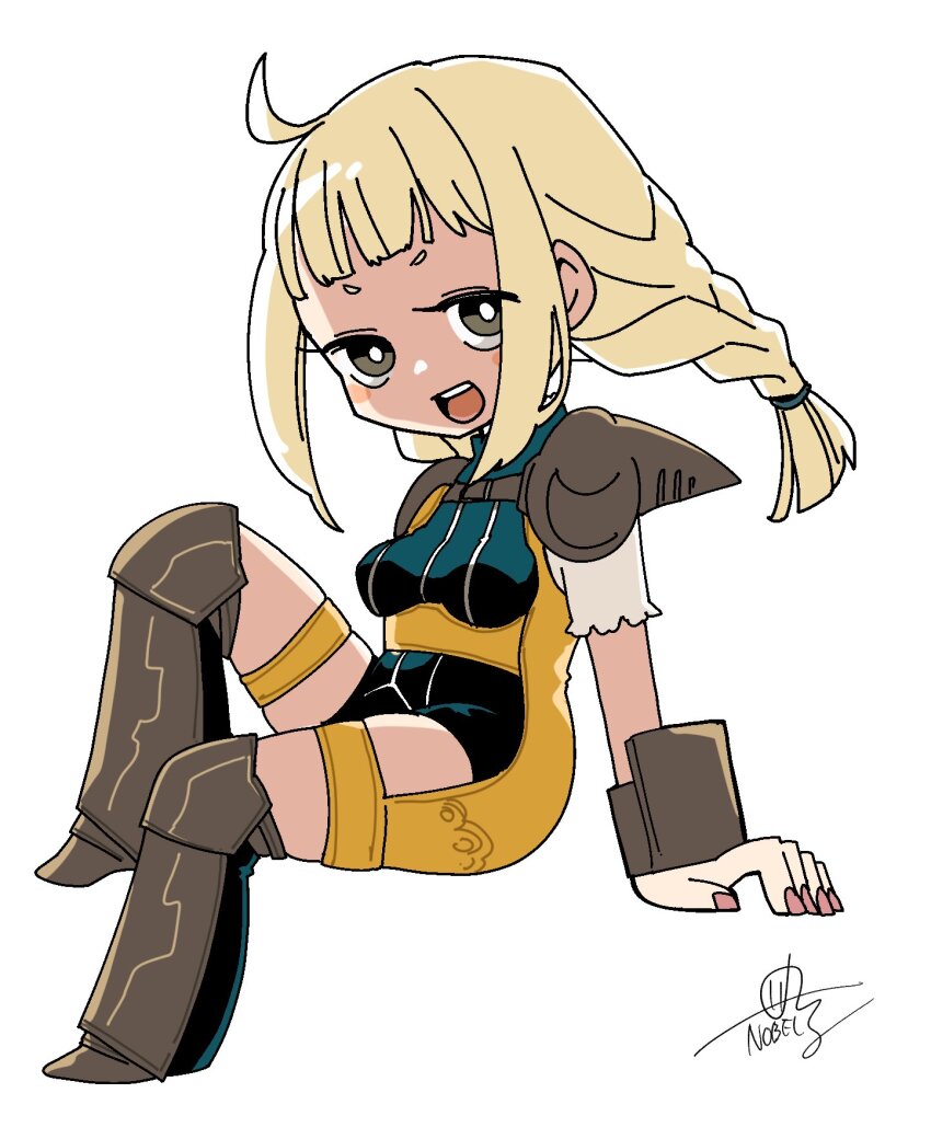 1girl, :d, blonde_hair, blush_stickers, boots, braid, brown_boots, brown_eyes, final_fantasy, final_fantasy_xii, full_body, highres, long_hair, nobel_(nobel827), open_mouth, penelo, short_bangs, signature, simple_background, smile, solo, teeth, twin_braids, upper_teeth_only, v-shaped_eyebrows, white_background