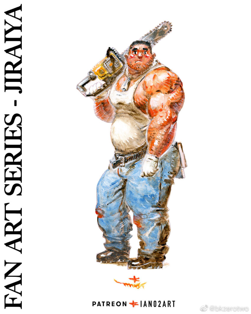 1boy, bara, beard_stubble, belt, bk_zerotwo, blush_stickers, borrowed_character, construction_worker