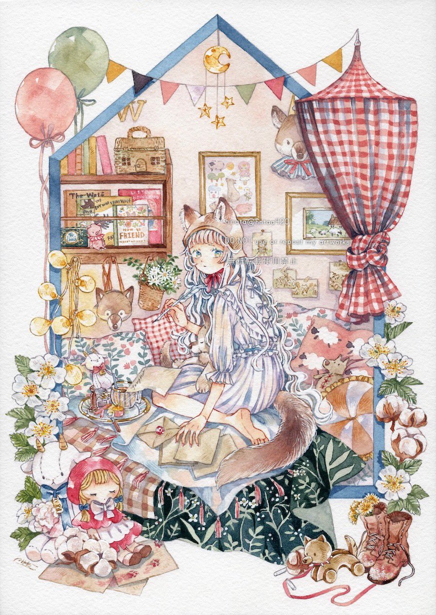 1girl, absurdly_detailed_composition, animal_ears, artist_name, balloon, barefoot, blue_eyes, book