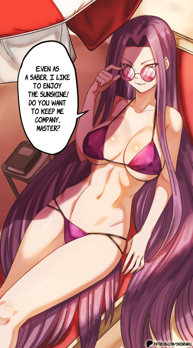 1girl, adjusting_eyewear, alternate_costume, bikini, breasts, cleavage, collarbone, commentary