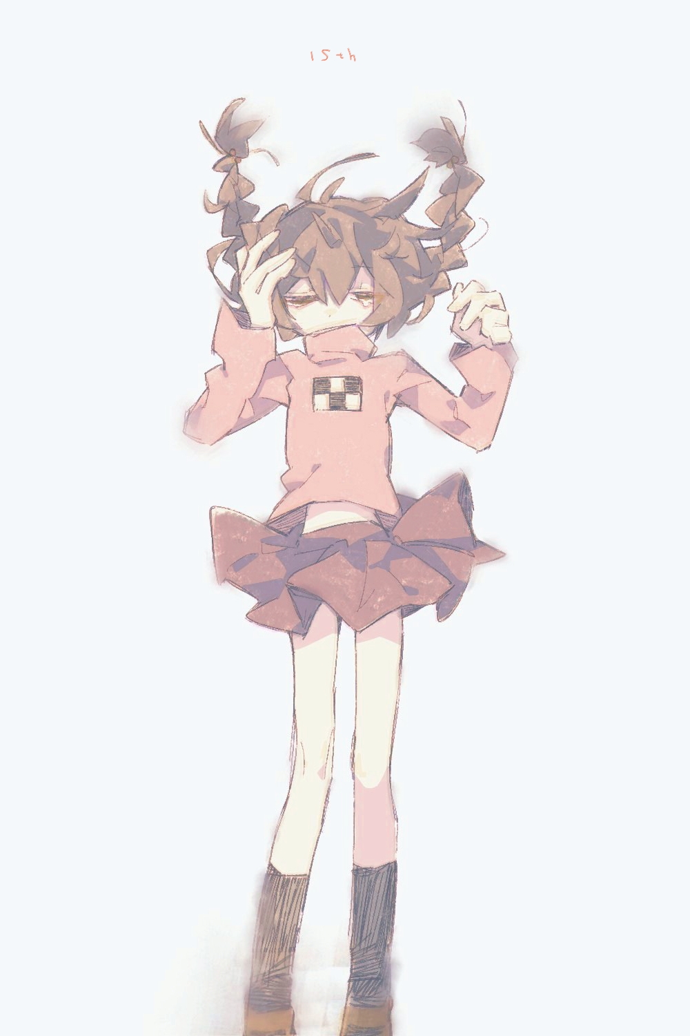 1girl, anniversary, black_socks, braid, brown_hair, closed_eyes, clothes_lift, commentary_request, covered_mouth, crying, facing_viewer, feet_out_of_frame, floating_hair, hair_floating_upwards, hand_on_own_head, hands_up, highres, katasu_yasumi, kneehighs, long_hair, long_sleeves, low_twin_braids, madotsuki, miniskirt, pink_sweater, pleated_skirt, print_sweater, simple_background, skirt, skirt_lift, socks, solo, sweater, turtleneck, turtleneck_sweater, twin_braids, white_background, wind, wind_lift, yume_nikki