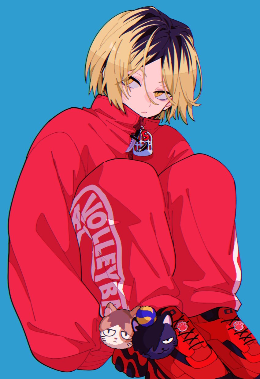 1boy, black_hair, blonde_hair, blue_background, charm_(object), closed_mouth, fashion, full_body, haikyuu!!, highres, jacket, knees_up, kozume_kenma, male_focus, multicolored_hair, nasi_w2, pants, red_jacket, red_pants, red_shoes, red_track_suit, shoes, short_hair, simple_background, sitting, sneakers, solo, streetwear, track_suit, two-tone_hair, yellow_eyes
