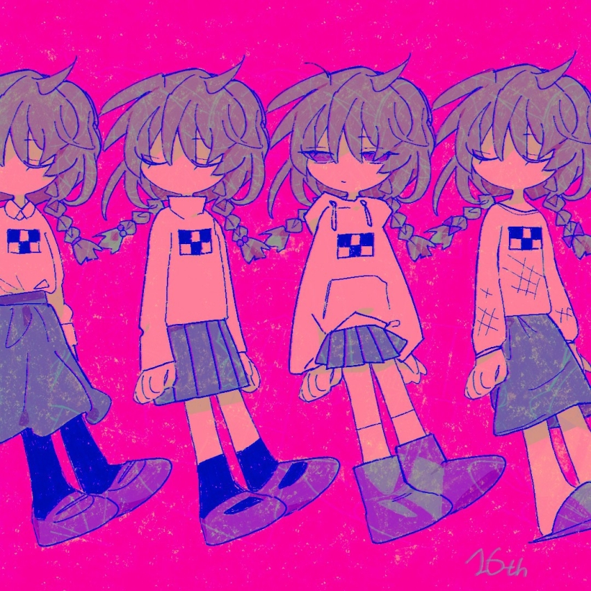 1girl, anniversary, arms_at_sides, blue_socks, boots, bow, braid, brown_hair, closed_eyes, closed_mouth, collared_shirt, commentary_request, facing_to_the_side, grey_skirt, hair_bobbles, hair_bow, hair_ornament, half-closed_eyes, hood, hood_down, hoodie, katasu_yasumi, long_hair, long_sleeves, looking_at_viewer, low_twin_braids, madotsuki, miniskirt, multiple_hair_bows, no_mouth, pink_background, pink_hoodie, pink_shirt, pink_sweater, pleated_skirt, print_hoodie, print_shirt, print_sweater, purple_eyes, purple_footwear, shirt, shirt_tucked_in, simple_background, skirt, socks, sweater, turtleneck, turtleneck_sweater, twin_braids, unmoving_pattern, variations, white_socks, yume_nikki