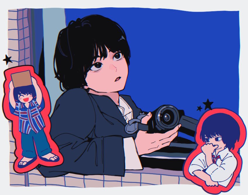 :d, ^_^, androgynous, arms_up, black_eyes, black_hair, blue_background, blue_jacket