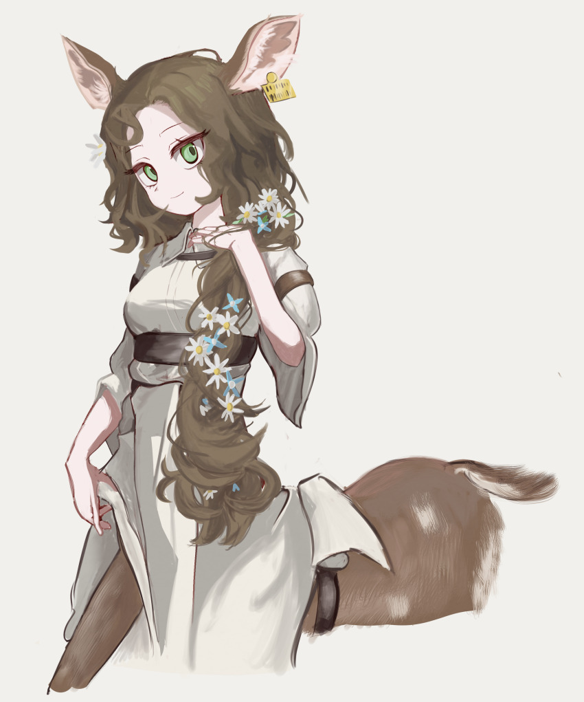 1girl, absurdres, animal_ears, arm_belt, belt, black_belt, breasts, brown_hair, centauroid, closed_mouth, coat, commentary, cropped_legs, deer_ears, deer_girl, deer_tail, ear_tag, flower, green_eyes, hair_flower, hair_ornament, hair_over_shoulder, hand_on_own_chest, highres, jessica_(reverse:1999), long_hair, looking_at_viewer, medium_breasts, monster_girl, parted_bangs, reverse:1999, sidelocks, simple_background, smile, solo, tail, taur, thiepriest, underbust, white_coat, white_flower