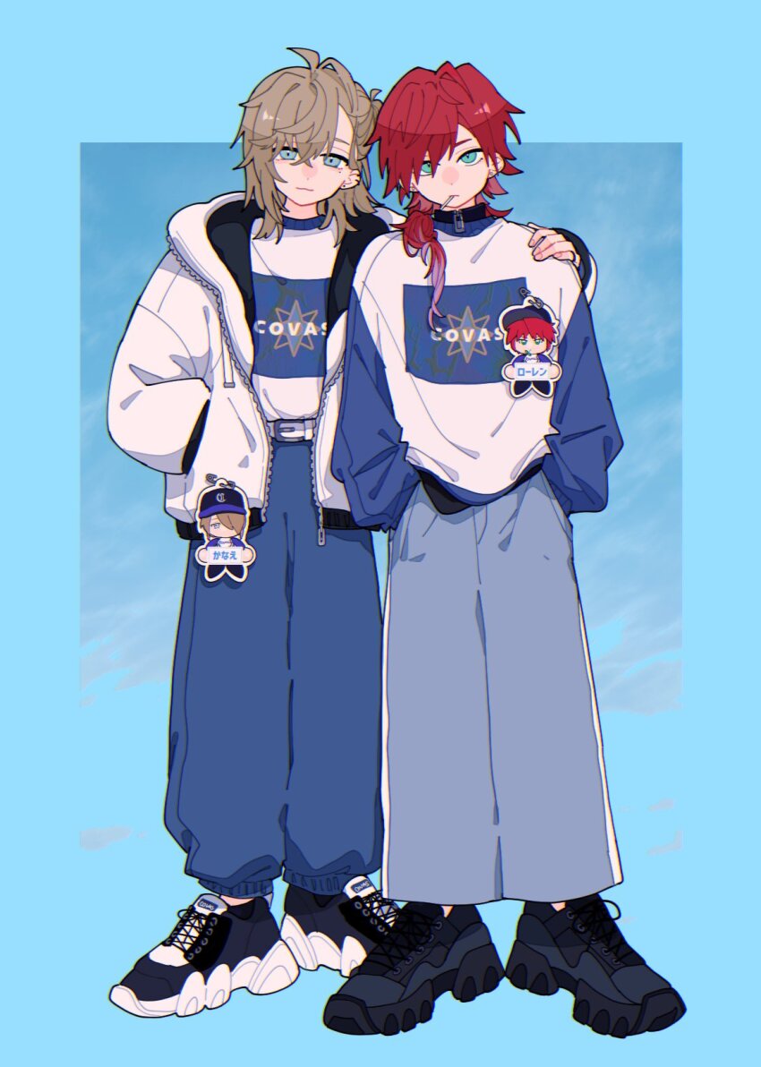 2boys, :3, arm_around_shoulder, belt, black_footwear, blue_background, blue_eyes, blue_pants