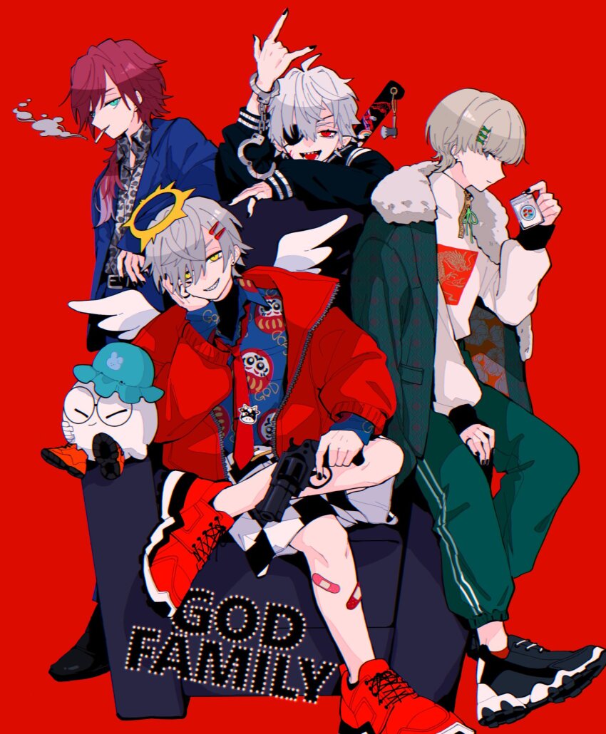 1girl, 4boys, \n/, angel_wings, animal_print, aqua_eyes, arm_up, bandaid