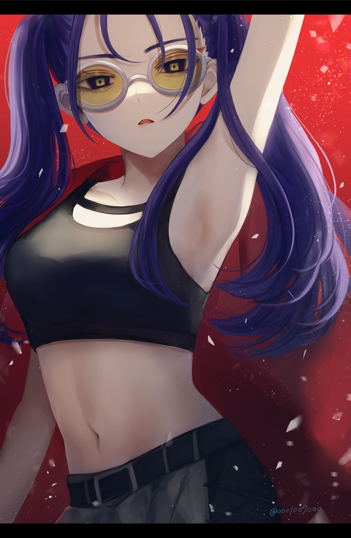 1girl, ado_(utaite), arm_up, armpits, belt, black_belt, black_tank_top, blue_hair, breasts, cloud_nine_inc, collarbone, commentary, letterboxed, long_hair, looking_at_viewer, medium_breasts, navel, odo_(song), open_mouth, shouzai_(ooo1007ooo), solo, stomach, sunglasses, tank_top, tinted_eyewear, twintails, twitter_username, yellow-tinted_eyewear