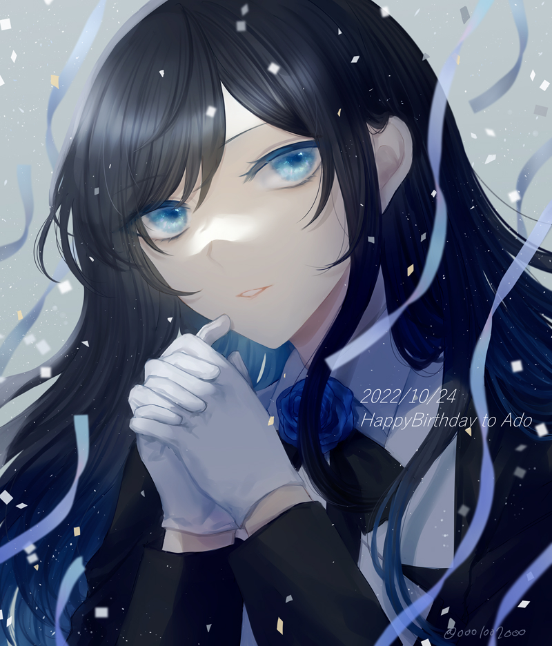 1girl, ado_(utaite), black_bow, black_bowtie, black_coat, black_hair, blue_eyes, blue_flower