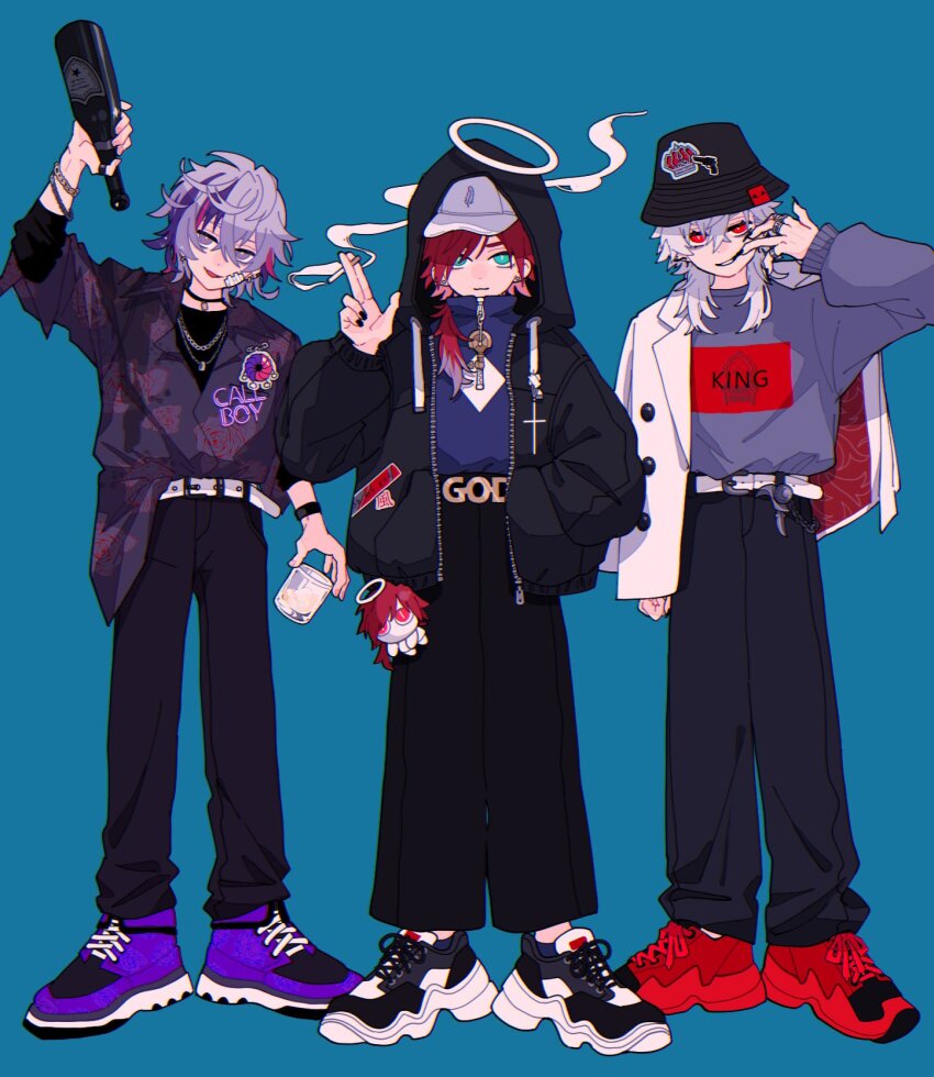 3boys, aqua_eyes, bandaid, bandaid_on_cheek, bandaid_on_face, baseball_cap, belt, belt_buckle