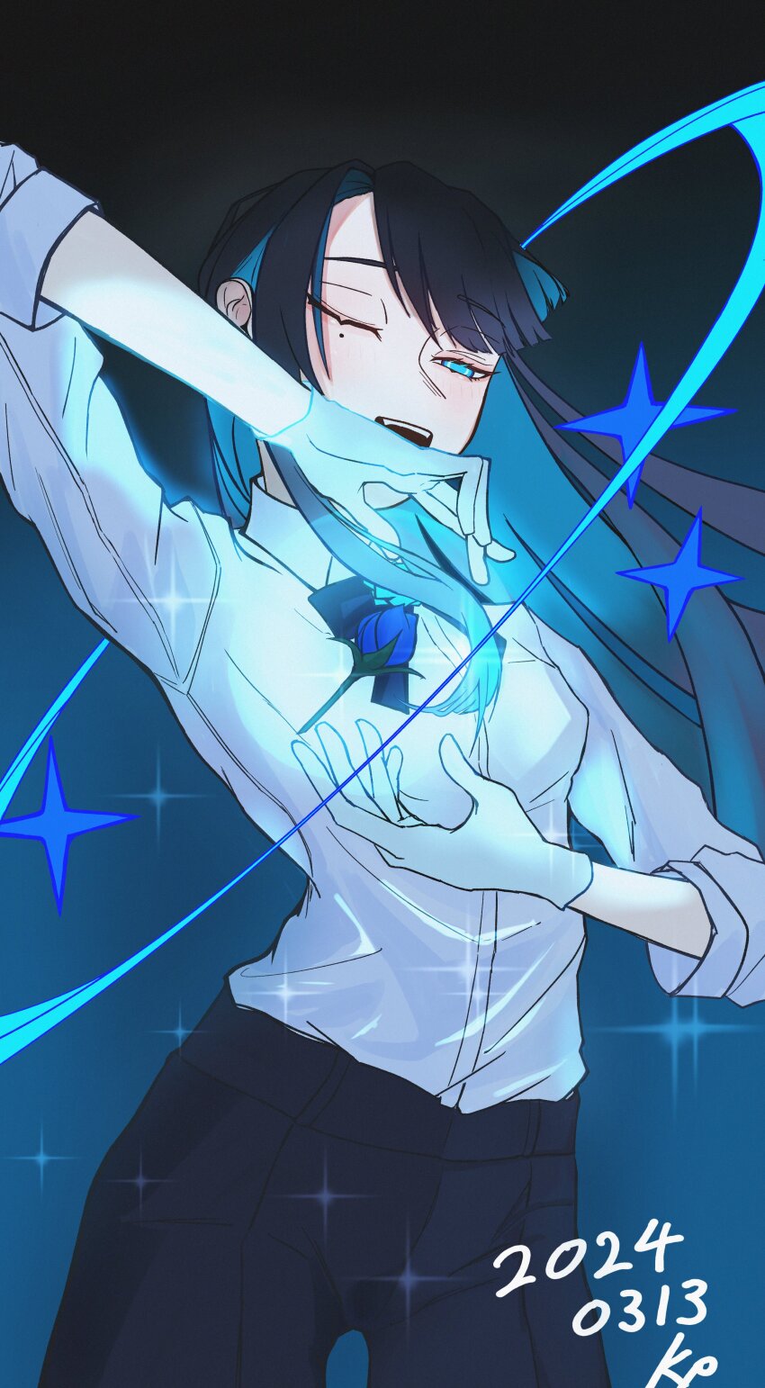 1girl, absurdres, ado_(utaite), artist_name, black_bow, black_bowtie, black_hair, black_pants