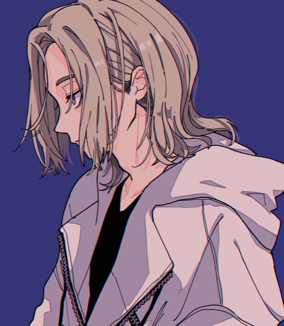 1boy, androgynous, black_shirt, blonde_hair, blue_background, chishiya_shuntarou, closed_mouth, from_side