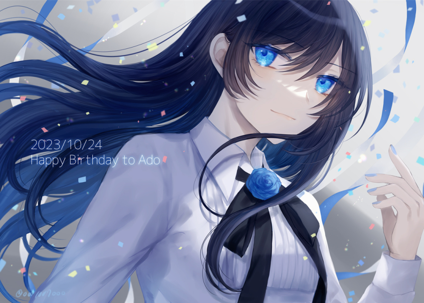 1girl, ado_(utaite), black_hair, black_ribbon, blue_eyes, blue_flower, blue_hair, blue_rose