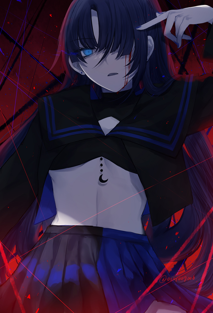 1girl, ado_(utaite), black_sailor_collar, black_serafuku, black_shirt, black_skirt, blood, blood_on_face, bloody_tears, blue_eyes, blue_hair, blue_skirt, breasts, cloud_nine_inc, commentary_request, cowboy_shot, earrings, finger_gun, finger_gun_to_head, hair_over_one_eye, jewelry, long_hair, long_sleeves, looking_at_viewer, naima_(ado), open_clothes, open_shirt, pleated_skirt, sailor_collar, school_uniform, serafuku, shirt, shouzai_(ooo1007ooo), skirt, small_breasts, solo, stomach, stud_earrings, underboob, usseewa