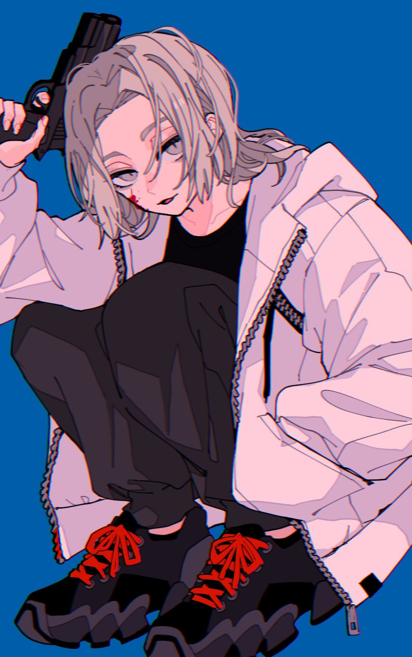 1boy, black_pants, black_shirt, black_shoes, blood, blood_on_face, blue_background, chishiya_shuntarou