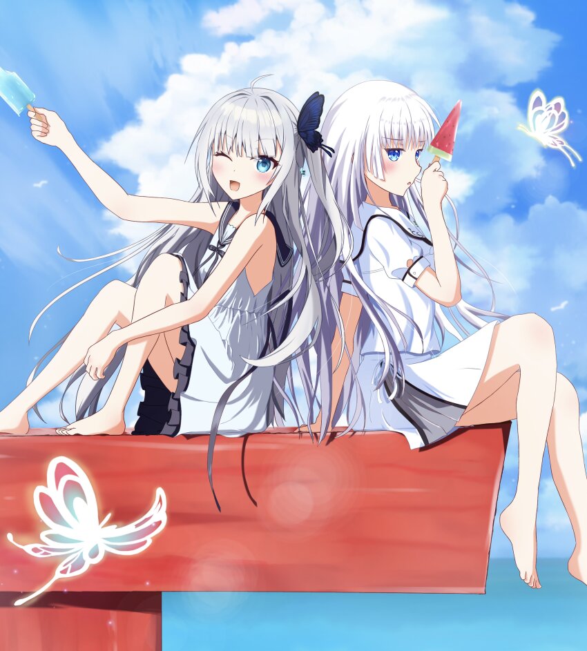 1230_mochi, 2girls, ;d, absurdres, ahoge, back-to-back, bare_arms, barefoot, black_ribbon, blue_eyes, blue_sky, bug, butterfly, butterfly_hair_ornament, commentary_request, commission, crossover, day, dress, eyelashes, food, foot_out_of_frame, frilled_dress, frills, from_side, ginka_(visual_novel), grey_hair, hair_between_eyes, hair_ornament, hairclip, hand_up, happy, highres, holding, holding_food, holding_ice_cream, holding_popsicle, ice_cream, insect, jitome, knees_up, long_hair, look-alike, looking_at_viewer, multiple_girls, naruse_shiroha, one_eye_closed, one_side_up, open_mouth, outdoors, popsicle, puffy_short_sleeves, puffy_sleeves, ribbon, sailor_collar, school_uniform, serafuku, shinomiya_ginka, shirt, short_sleeves, sidelocks, sitting, skeb_commission, skirt, sky, sleeveless, sleeveless_dress, smile, summer_pockets, very_long_hair, watermelon_bar, white_dress, white_hair, white_shirt