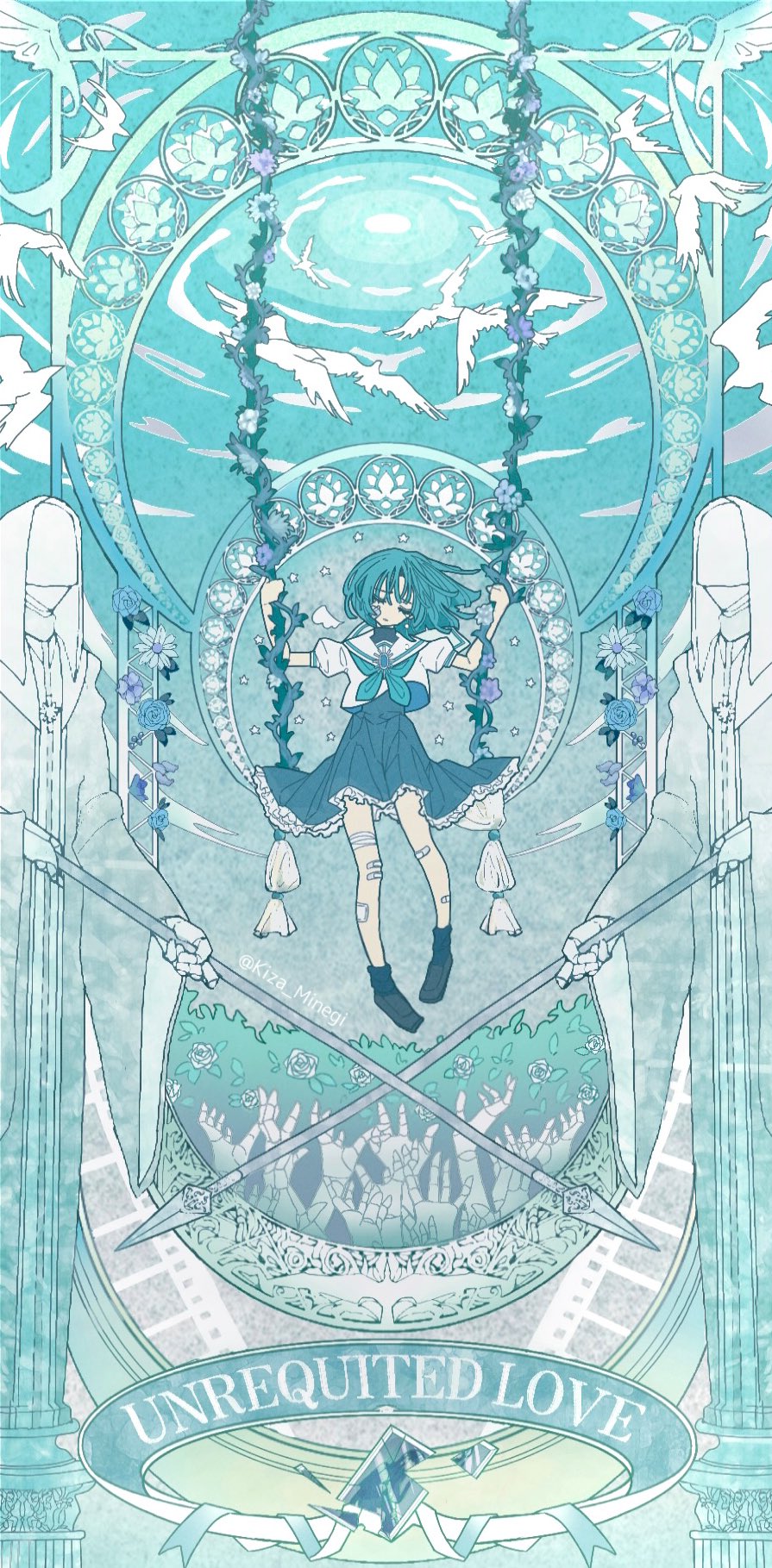 1girl, ado_(utaite), akuru-chan_(ado), bandaged_leg, bandages, bandaid, bandaid_on_face, bandaid_on_leg