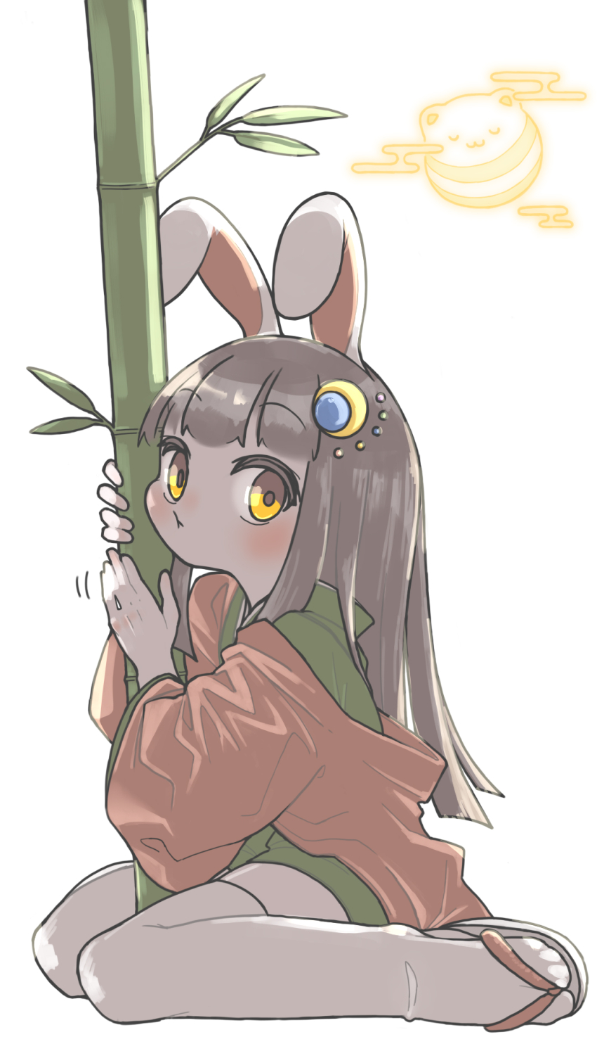 1girl, animal_ears, bamboo, blunt_bangs, blush, bms_of_fighters, brown_hair, cheek_press