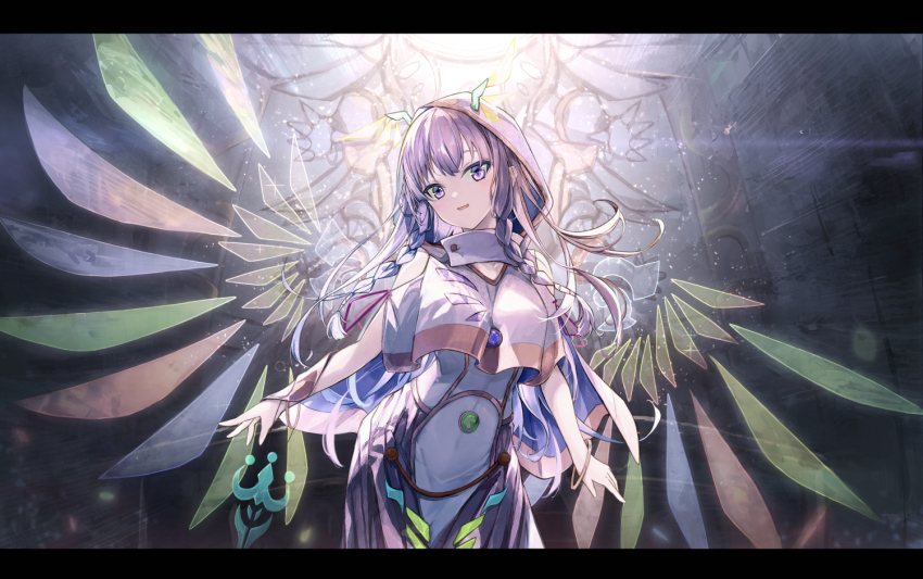 1girl, bracelet, braid, breasts, detached_wings, diviner_of_the_herald, duel_monster, eatos