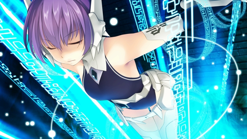 1girl, astel(wizards_symphony), atelier-moo, bare_shoulders, closed_eyes, closed_mouth, cowboy_shot, dungeon, full_body, golem, hair_between_eyes, mechanical_arms, purple_hair, restrained, robot_ears, short_hair, sleeping, sleeveless, solo, wizards_symphony