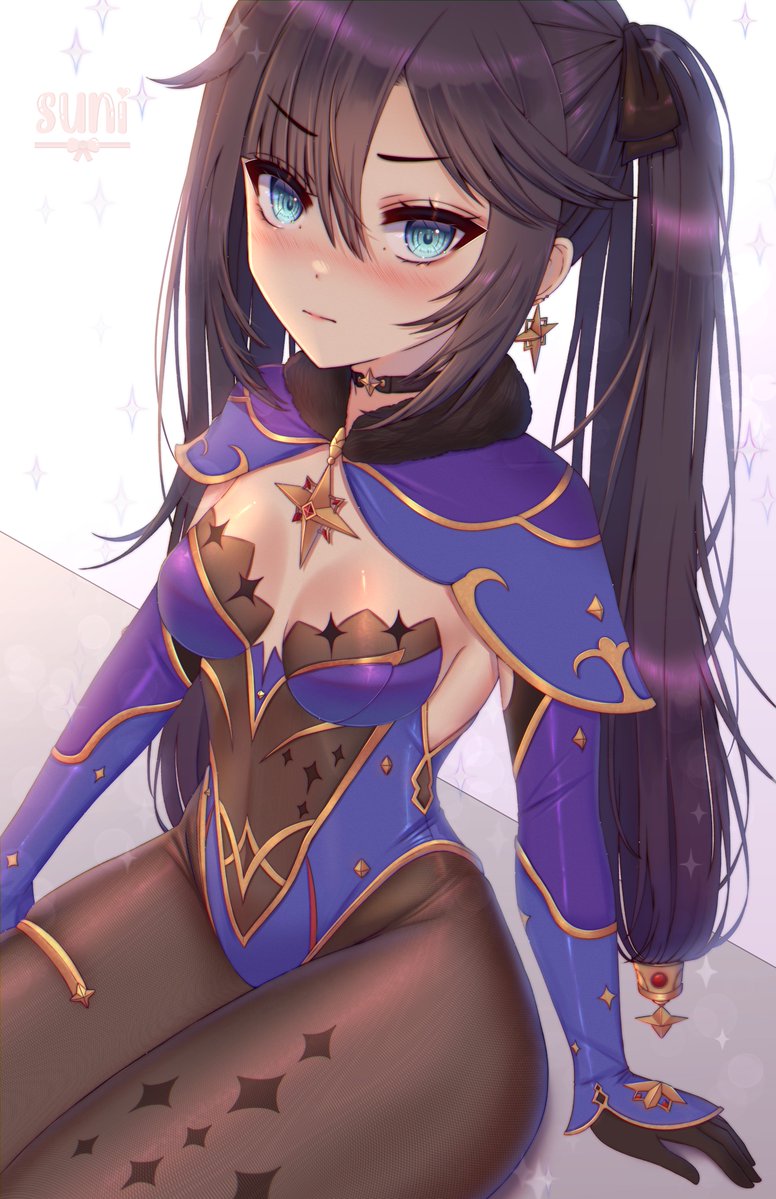 1girl, artist_name, black_gloves, black_hair, blue_hat, blue_leotard, blush, bodystocking