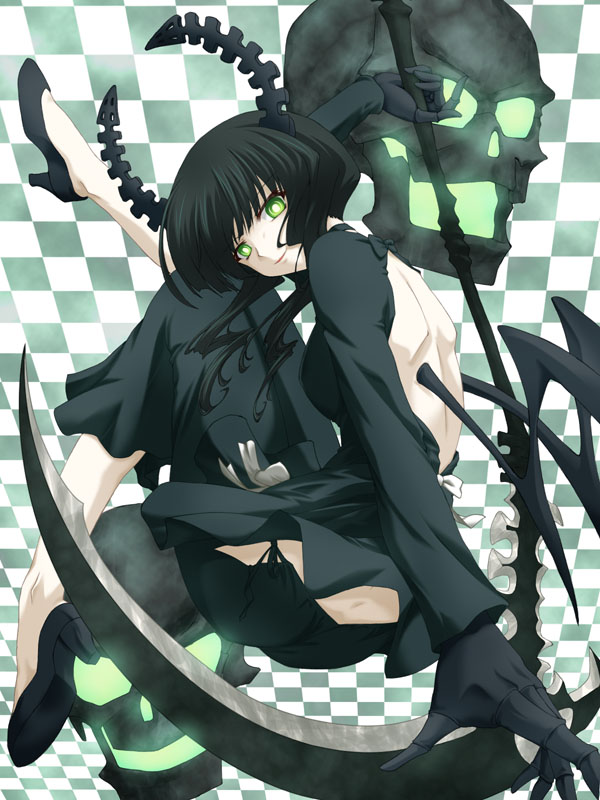 10s, 1girl, black_hair, black_rock_shooter, dead_master, female_focus, green_eyes, high_heels
