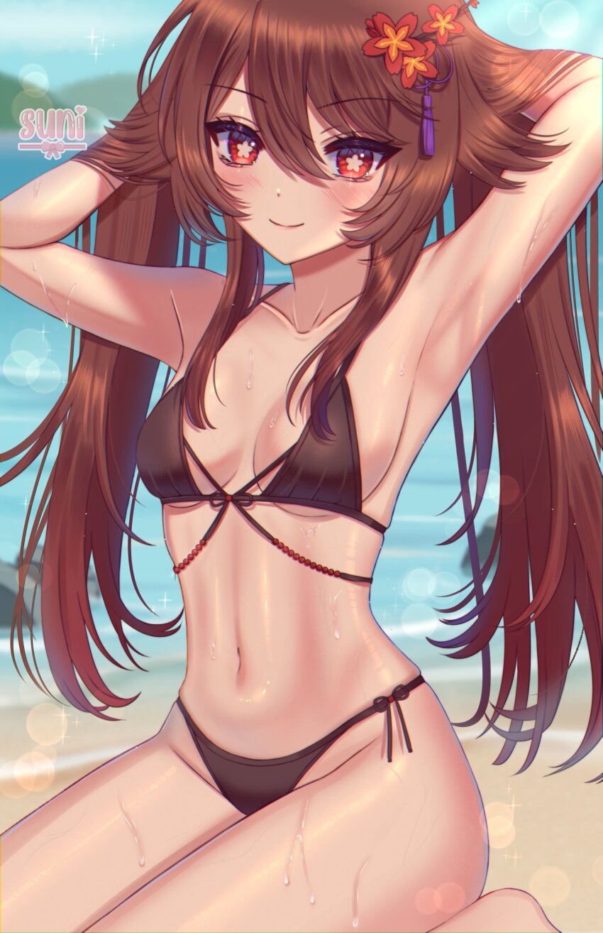 1girl, armpits, arms_up, artist_name, beach, bikini, black_bikini, blush, breasts, brown_hair, closed_mouth, flower, flower-shaped_pupils, genshin_impact, hair_between_eyes, hair_flower, hair_ornament, highres, hu_tao_(genshin_impact), long_hair, looking_at_viewer, medium_breasts, navel, ocean, red_eyes, sand, sitting, smile, solo, su_niii, sweat, swimsuit, symbol-shaped_pupils, tassel, tassel_hair_ornament, twintails, very_long_hair