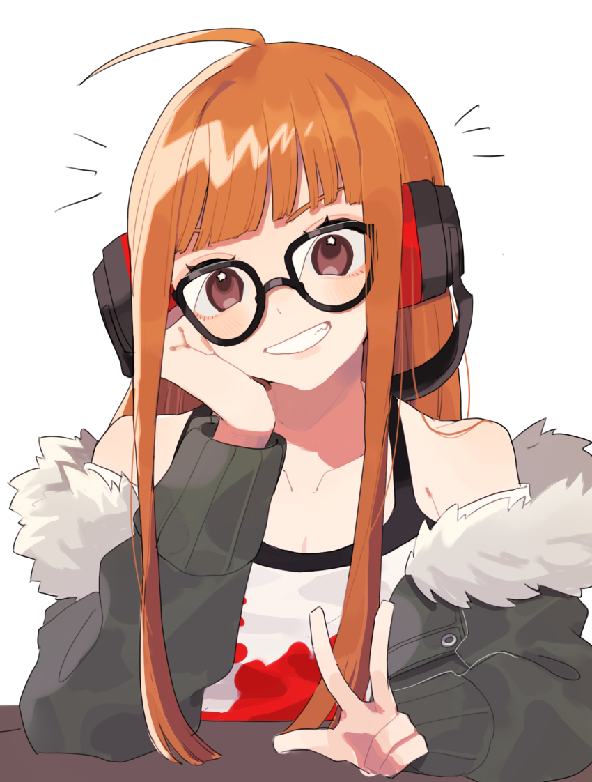 1girl, ahoge, bare_shoulders, behind-the-head_headphones, black-framed_eyewear, black_tank_top, blunt_bangs, brown_hair