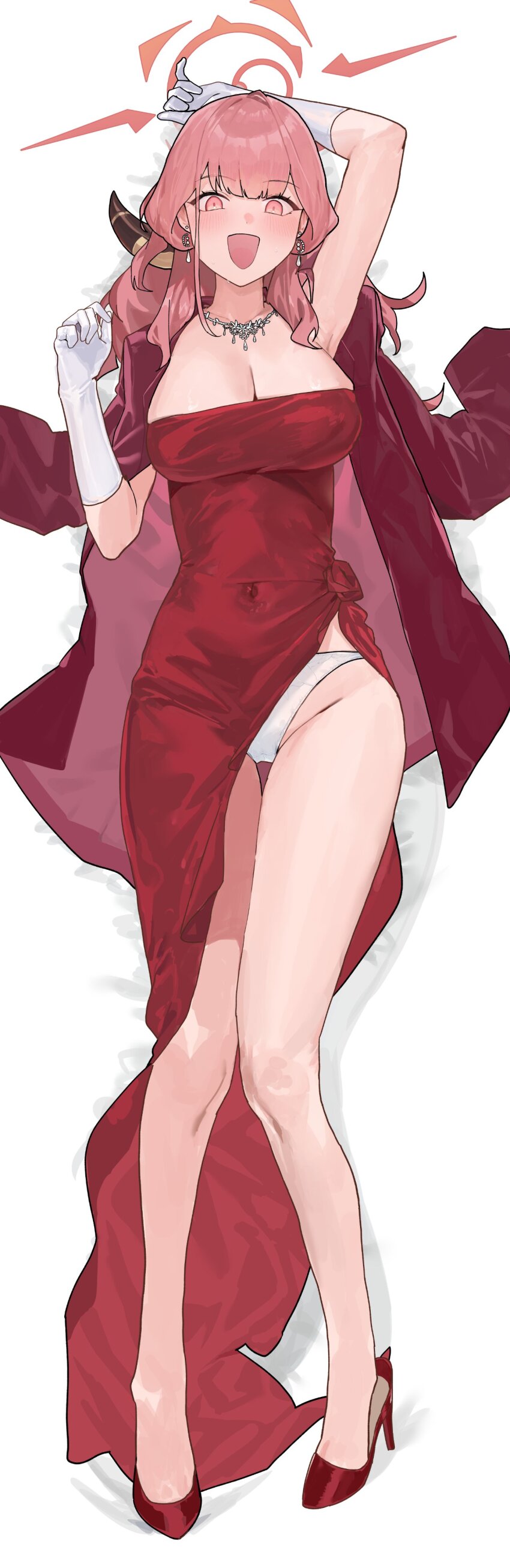 1girl, :d, absurdres, arm_above_head, armpits, aru_(blue_archive), aru_(dress)_(blue_archive), bare_legs