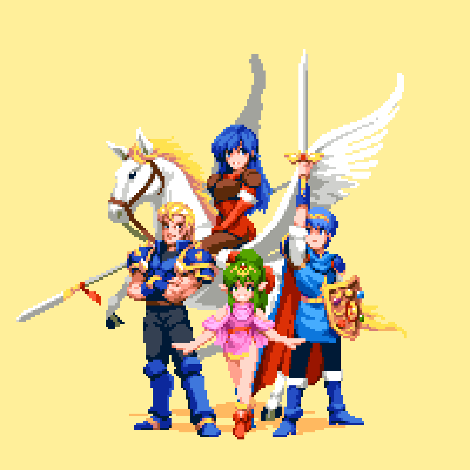 2boys, 2girls, black_pants, blonde_hair, blue_footwear, blue_hair, boots, caeda_(fire_emblem)