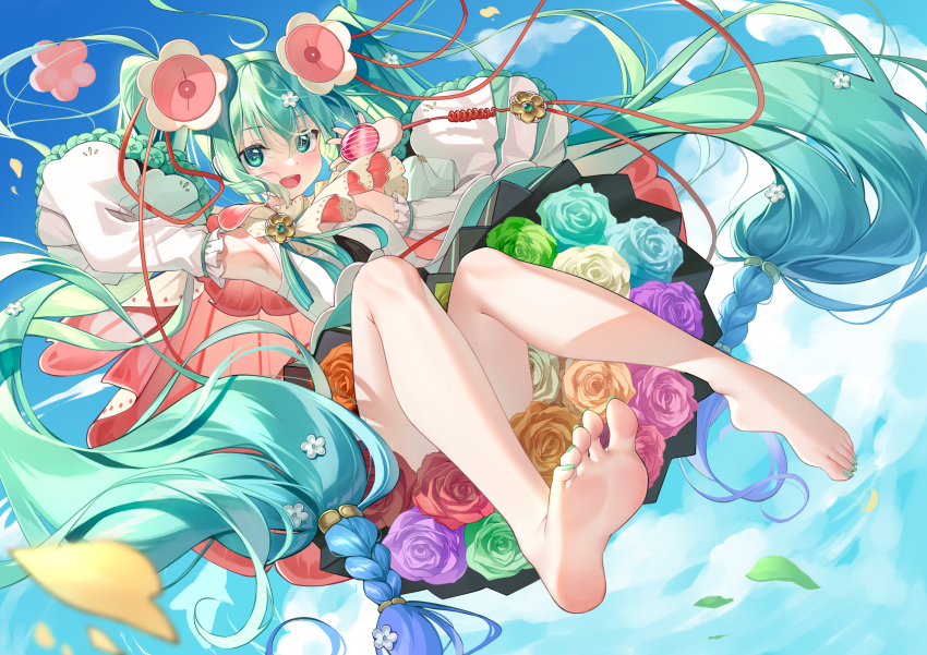 1girl, :d, absurdres, aqua_eyes, aqua_hair, arm_up, armpits, bare_legs, barefoot, blue_flower, blue_rose, blush, braid, commentary_request, detached_sleeves, dress, feet, flower, flower_underskirt, from_below, full_body, green_flower, green_nails, green_rose, hair_between_eyes, hair_flower, hair_ornament, hair_ribbon, hand_up, hatsune_miku, headset, highres, holding, holding_microphone, long_hair, long_sleeves, looking_at_viewer, magical_mirai_(vocaloid), magical_mirai_miku, magical_mirai_miku_(2021), meion, microphone, nail_polish, open_mouth, orange_flower, orange_rose, petals, pink_flower, pink_rose, purple_flower, purple_rose, red_flower, red_ribbon, red_rose, ribbon, rose, smile, soles, solo, spring_onion, thighhighs, toenail_polish, toenails, toes, twintails, very_long_hair, vocaloid, white_dress, white_flower, white_rose, wide_sleeves