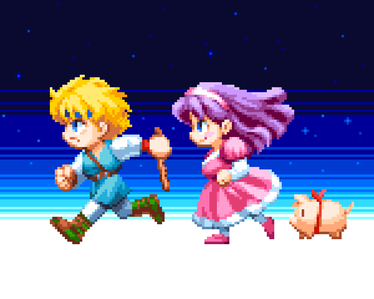 1boy, 1girl, animal, belt, blonde_hair, blue_headband, blue_tunic, boots, bow, dress, enix, full_body, gaia_gensouki, hair_between_eyes, hairband, hamlet_(gaia_gensouki), headband, karen_(gaia_gensouki), pig, pink_dress, pink_hairband, pixel_art, pixelflag, princess, profile, red_bow, running, shirt, skirt, tem_(gaia_gensouki), tunic, white_sleeves
