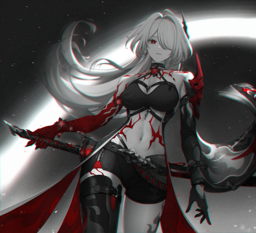 1girl, acheron_(honkai:_star_rail), arm_tattoo, belly, belt, black_choker, black_gloves, black_pantyhose