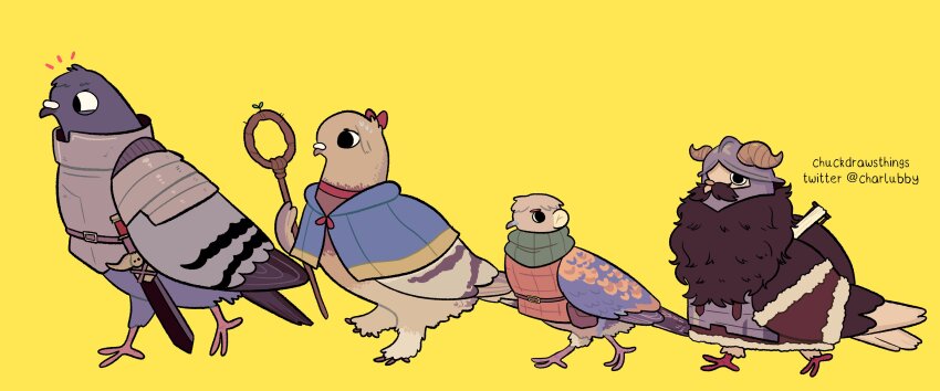 absurdres, animalization, bird, bird_request, chilchuck_tims, chuckdrawsthings, dungeon_meshi, fake_horns, helmet, highres, holding, holding_staff, horned_helmet, horns, laios_touden, looking_at_another, marcille_donato, notice_lines, pigeon, scarf, senshi_(dungeon_meshi), staff, sword, walking, weapon, wok