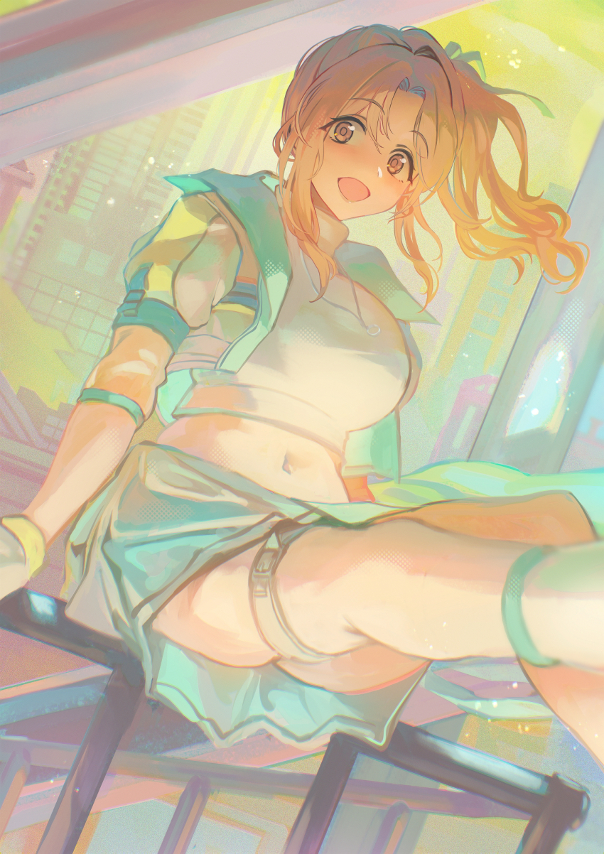 1girl, blush, breasts, clear_marine_calm_(idolmaster), cropped_shirt, floating_hair, highres, ichikawa_hinana, idolmaster, idolmaster_shiny_colors, large_breasts, light_brown_hair, looking_at_viewer, midriff, navel, official_alternate_costume, otsudou, shirt, sidelocks, sitting, smile, solo, thigh_strap, white_shirt