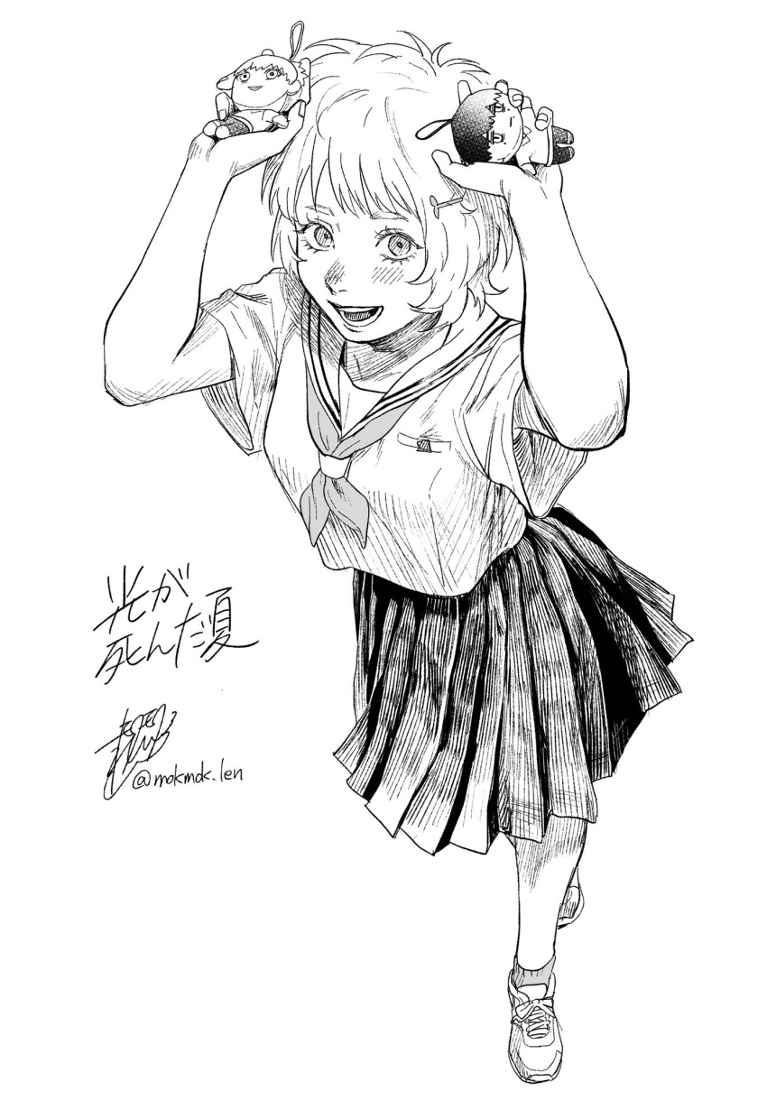 1girl, armpit_peek, character_doll, doll, female_focus, hair_ornament, hairclip, highres, hikaru_ga_shinda_natsu, indou_hikaru, mokumokuren_(mokmok_len), monochrome, official_art, school_uniform, short_hair, skirt, solo, tsujinaka_yoshiki, yamagishi_asako
