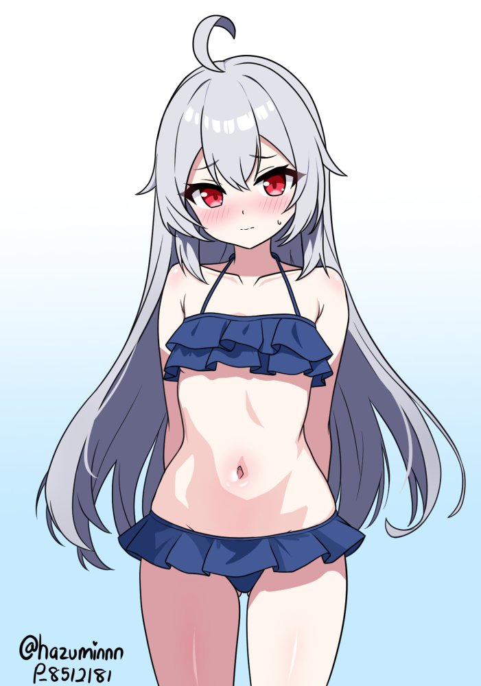 100%_orange_juice, 1girl, ahoge, arms_behind_back, bikini, blue_background, blue_bikini, blush, closed_mouth, collarbone, cowboy_shot, frilled_bikini, frills, gradient_background, grey_hair, hazuein, long_hair, navel, red_eyes, simple_background, solo, stomach, suguri, suguri_(orange_juice), sweatdrop, swimsuit, very_long_hair, wavy_hair, white_background