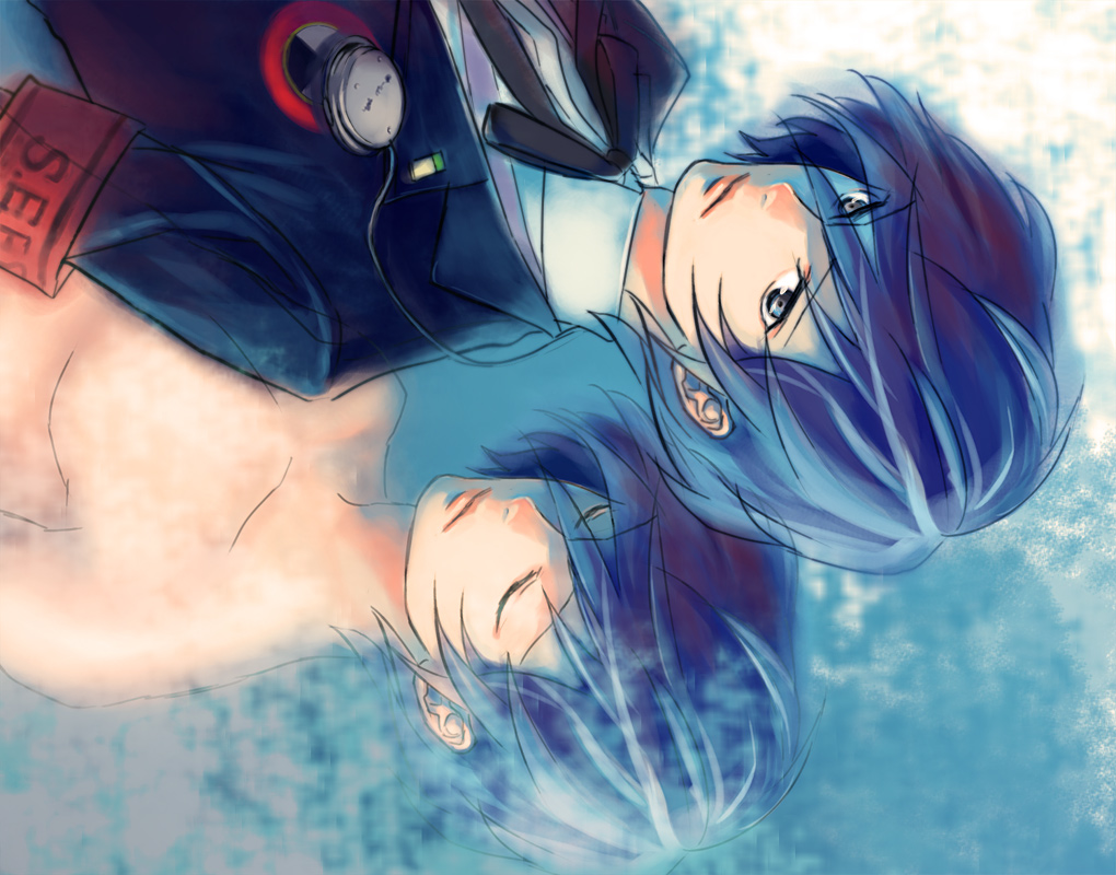 1boy, armband, atlus, bad_id, bad_pixiv_id, blue_eyes, blue_hair, headphones