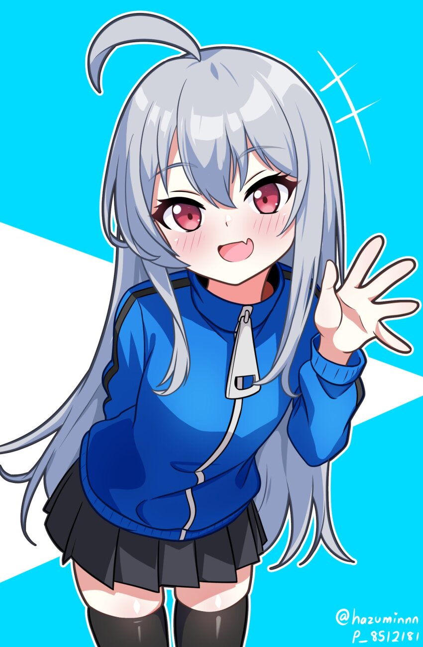 100%_orange_juice, 1girl, :d, ahoge, arm_behind_back, black_skirt, black_thighhighs, blue_background