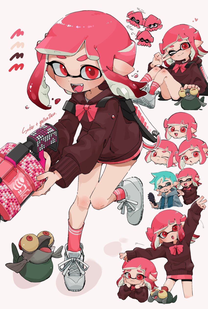 .96_gal_(splatoon), 1boy, 1girl, :d, bike_shorts, blue_eyes, blue_hair, bow