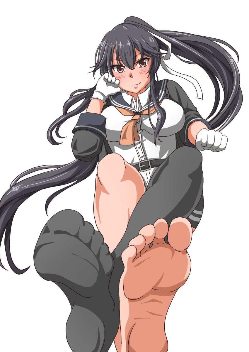 1girl, absurdres, black_hair, black_jacket, black_sailor_collar, brown_eyes, feet, gloves, grey_thighhighs, hair_ribbon, highres, jacket, kantai_collection, long_hair, ponytail, ribbon, sailor_collar, school_uniform, serafuku, shirt, simple_background, single_thighhigh, soles, solo, sosorin, thighhighs, white_background, white_gloves, white_shirt, yahagi_(kancolle), yahagi_kai_ni_(kancolle)