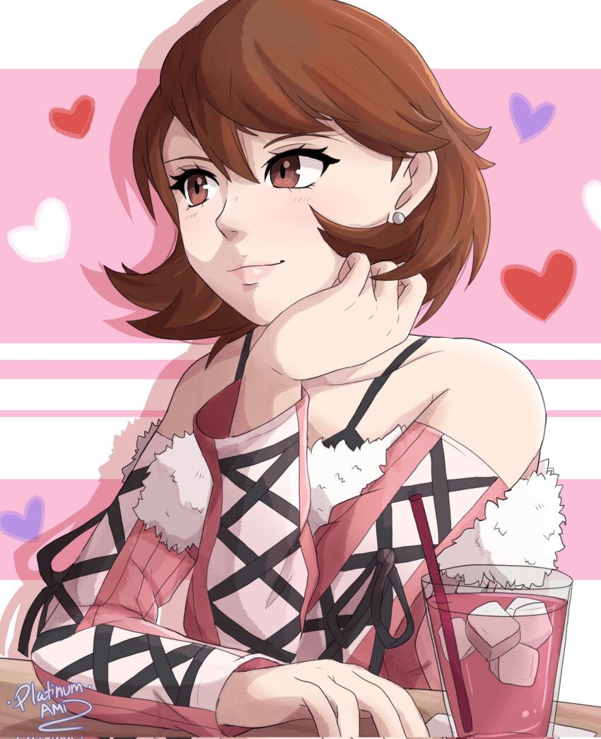 1girl, artist_name, bare_shoulders, black_ribbon, black_shirt, brown_eyes, brown_hair, closed_mouth