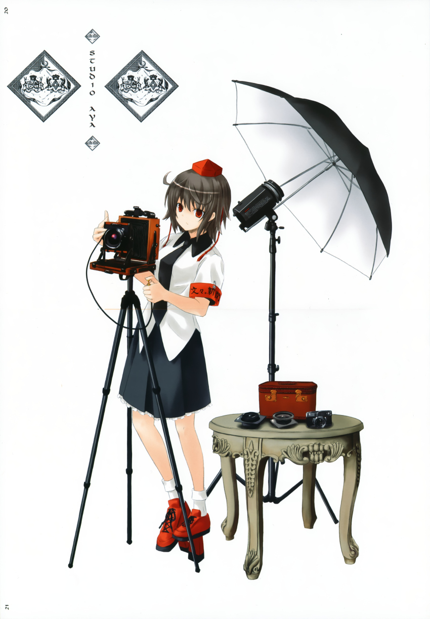 1girl, absurdres, bellows_camera, blush, camera, detached_lens, expressionless, female_focus, geta, hat, highres, lens, looking_away, nabeshima_tetsuhiro, shameimaru_aya, skirt, solo, tengu-geta, tokin_hat, touhou