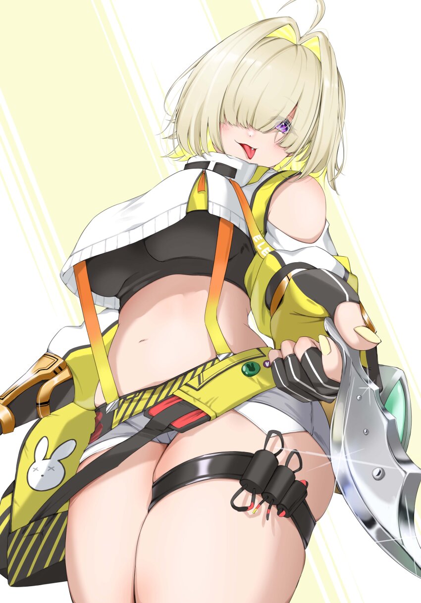 1girl, absurdres, ahoge, black_gloves, black_sports_bra, blonde_hair, breasts, clothing_cutout, crop_top, crop_top_overhang, cropped_sweater, elegg_(nikke), exposed_pocket, from_below, gloves, goddess_of_victory:_nikke, grey_shorts, hair_intakes, hair_over_eyes, hairu_821, highres, holding, large_breasts, long_bangs, long_sleeves, micro_shorts, multicolored_gloves, multicolored_hair, nail_polish, navel, purple_eyes, short_hair, shorts, shoulder_cutout, skindentation, solo, sports_bra, suspender_shorts, suspenders, sweater, thigh_strap, thighs, tongue, tongue_out, two-tone_hair, yellow_gloves, yellow_nails