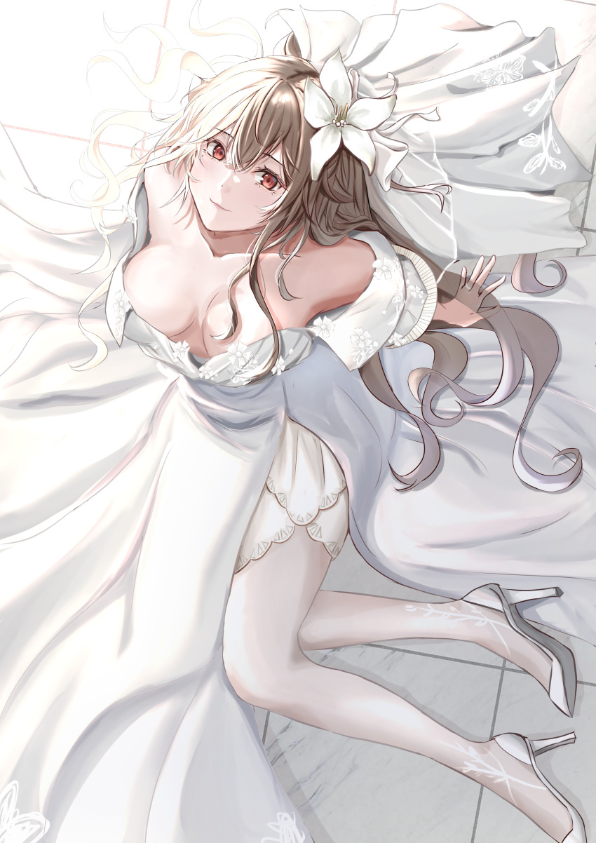 1girl, absurdres, arm_support, breasts, bridal_veil, brown_hair, collarbone, dress