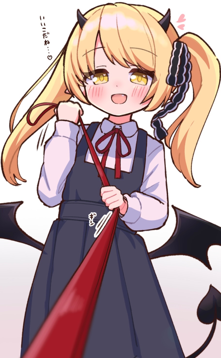 1girl, black_dress, black_horns, black_ribbon, black_tail, black_wings, blonde_hair, blue_archive, blush, breasts, collared_shirt, commentary, demon_horns, demon_tail, demon_wings, denki_blanco, dot_nose, dress, fang, feet_out_of_frame, gradient_background, hair_ribbon, half-closed_eyes, heart, heart_in_eye, highres, holding, holding_leash, horns, ibuki_(blue_archive), leash, leash_pull, leqsh, long_sleeves, looking_at_viewer, low_wings, medium_hair, motion_lines, naughty_face, neck_ribbon, open_mouth, pinafore_dress, pleated_dress, pointy_ears, pov, red_ribbon, ribbon, shirt, sleeveless, sleeveless_dress, small_breasts, smile, solo, sound_effects, spoken_heart, symbol_in_eye, tail, translated, viewer_on_leash, white_background, white_shirt, wings, yellow_eyes
